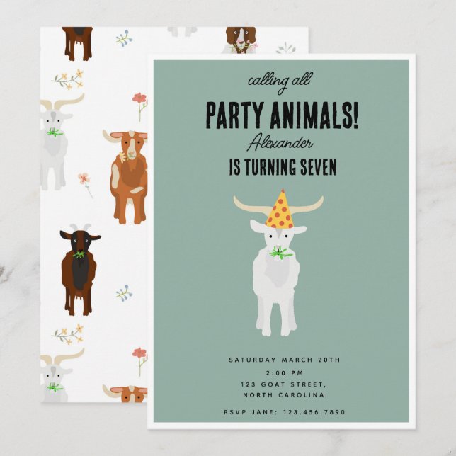 Cute Goats Farm Party Animals Goat Birthday Theme Invitation (Front/Back)