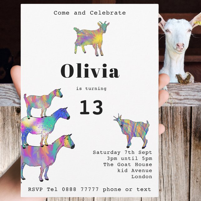 Cute Goats Girls Birthday Party Colourful Invitation (Goat themed farm animal 13th birthday party invitation with fun colorful watercolor animal art)