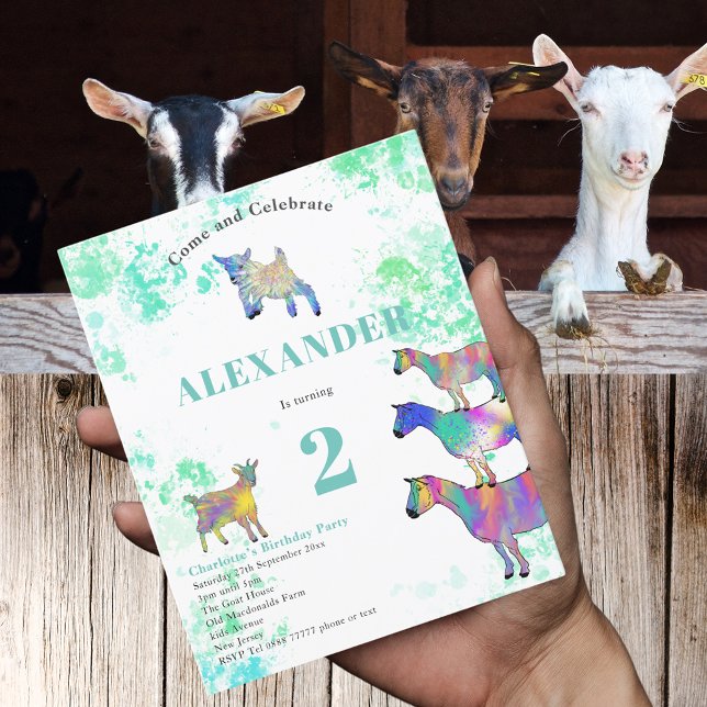 Cute Goats Watercolor 2nd Birthday Party Budget (Cute goats colorful farm animal watercolor art 2nd birthday party budget invitation)
