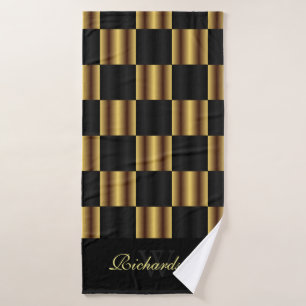 Cute Gold And Black Squares Geometric Pattern Bath Towel Set