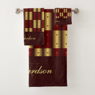 Cute Gold And Burgundy Chequered Monogrammed Bath Towel Set