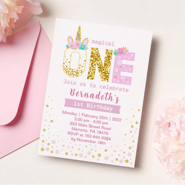 Cute Gold and Pink Confetti Unicorn 1st Birthday Invitation (Creator Uploaded)