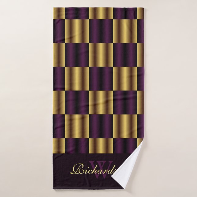 Cute Gold And Purple Squares Geometric Pattern Bath Towel Set (Bath Towel)