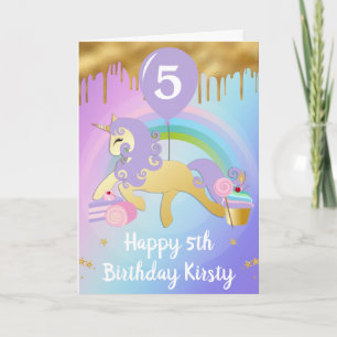 Cute Gold and Purple Unicorn Sweets Birthday Card