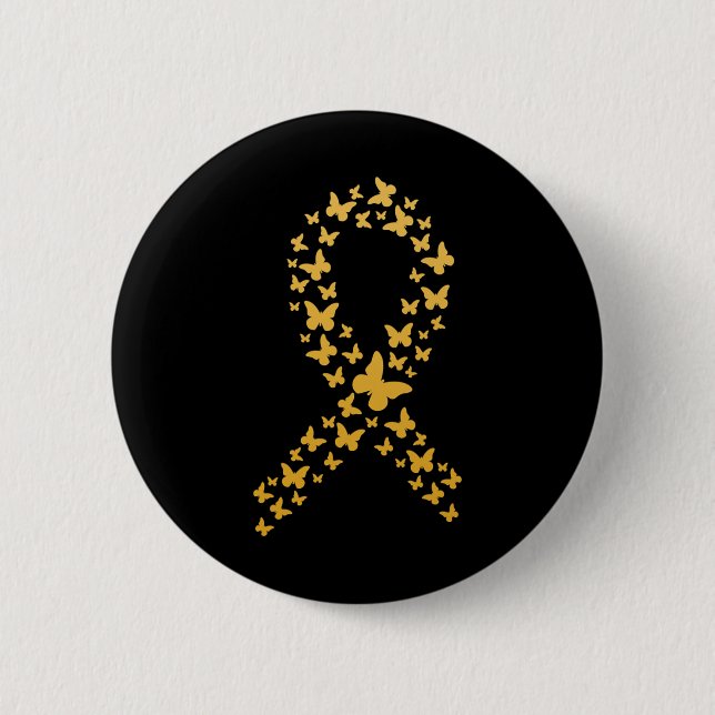 Cute Gold Butterflies Ribbon Childhood Cancer Awar 6 Cm Round Badge (Front)