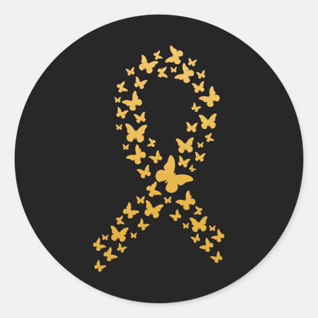 Cute Gold Butterflies Ribbon Childhood Cancer Awar Classic Round Sticker (Front)