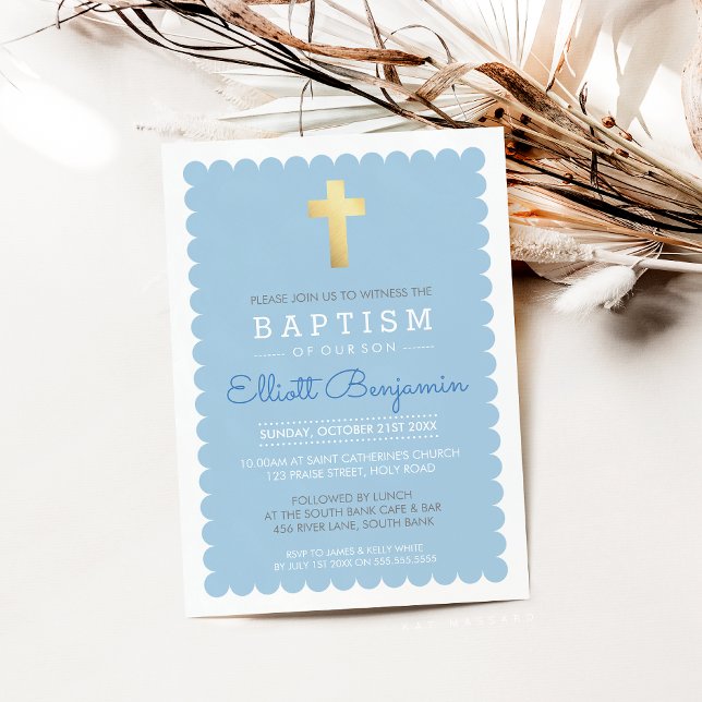 CUTE GOLD CROSS modern baptism scalloped edge blue Invitation (Creator Uploaded)