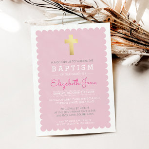 CUTE GOLD CROSS modern baptism scalloped edge pink Invitation