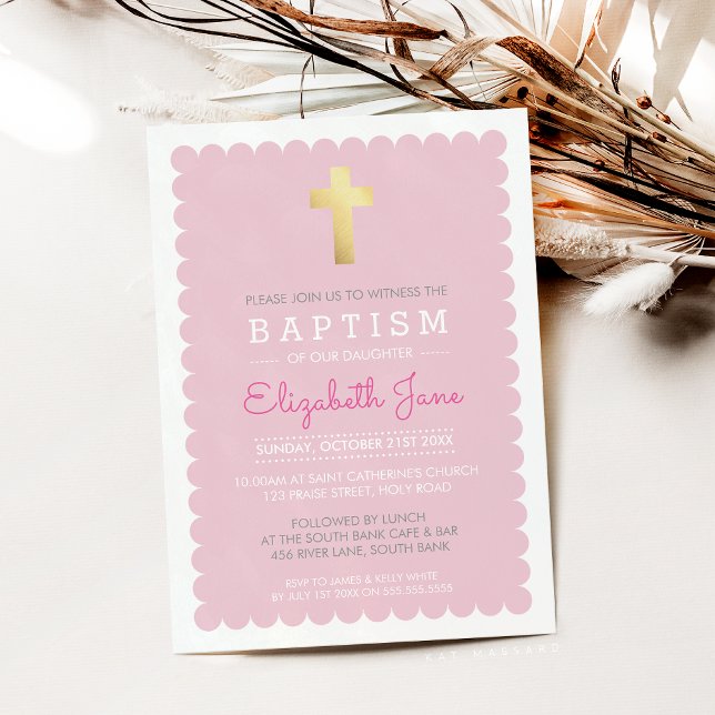 CUTE GOLD CROSS modern baptism scalloped edge pink Invitation (Creator Uploaded)