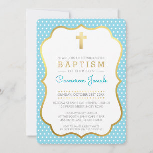 CUTE GOLD CROSS pretty baptism fancy polkadot blue Invitation