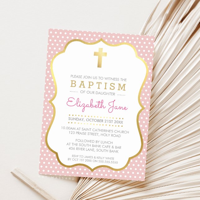 CUTE GOLD CROSS pretty baptism fancy polkadot pink Invitation (Creator Uploaded)
