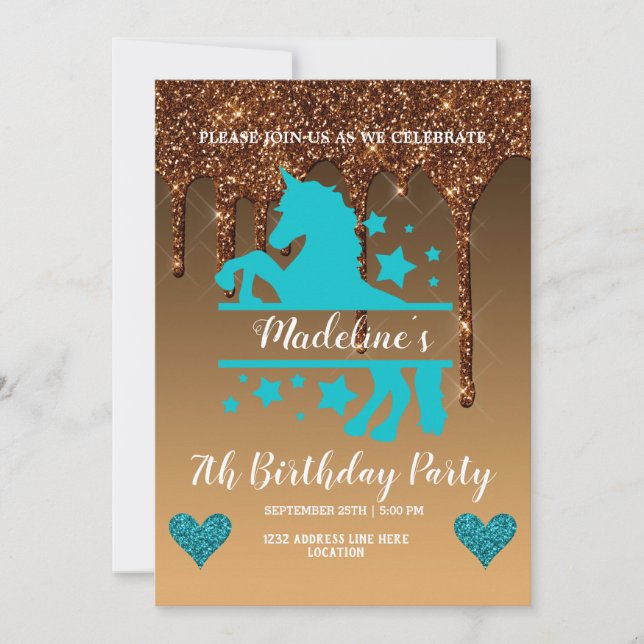 Cute Gold Dripping Glitter Unicorn Invitation (Front)