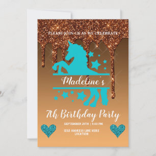 Cute Gold Dripping Glitter Unicorn Invitation