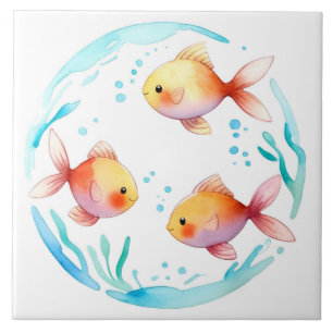 Cute Gold Fish Watercolor Ocean Sea Nautical Tile