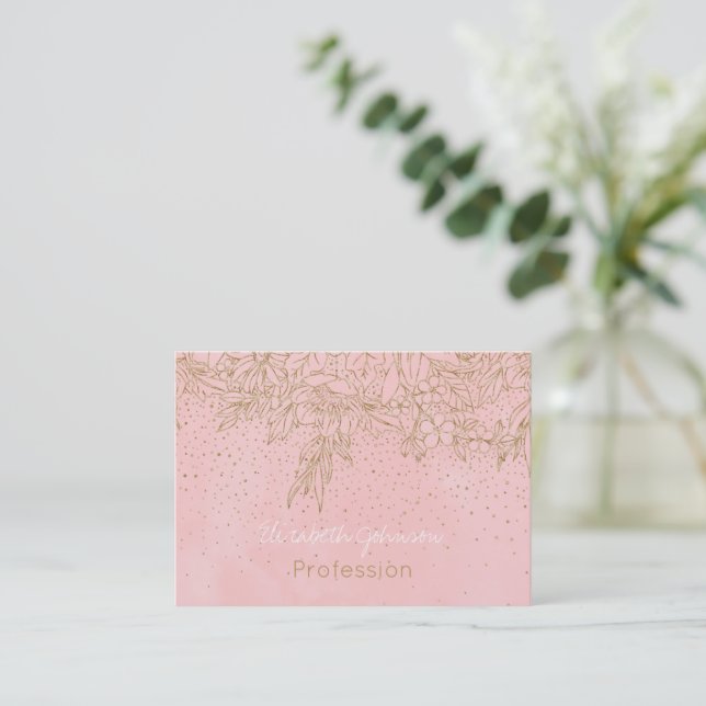 Cute Gold Floral Doodles & confetti Pink Design  Business Card (Standing Front)