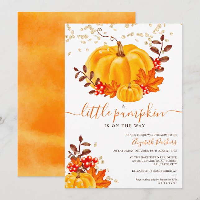 Cute gold floral pumpkin watercolor baby shower invitation (Front/Back)