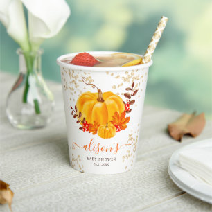 Cute gold floral pumpkin watercolor baby shower paper cups
