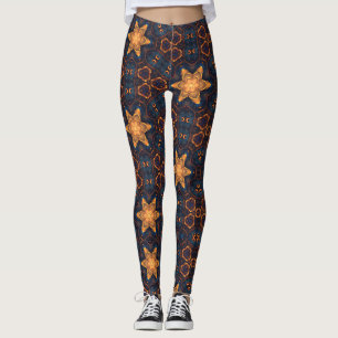 Cute Gold Flower Stars Blue black  Leggings