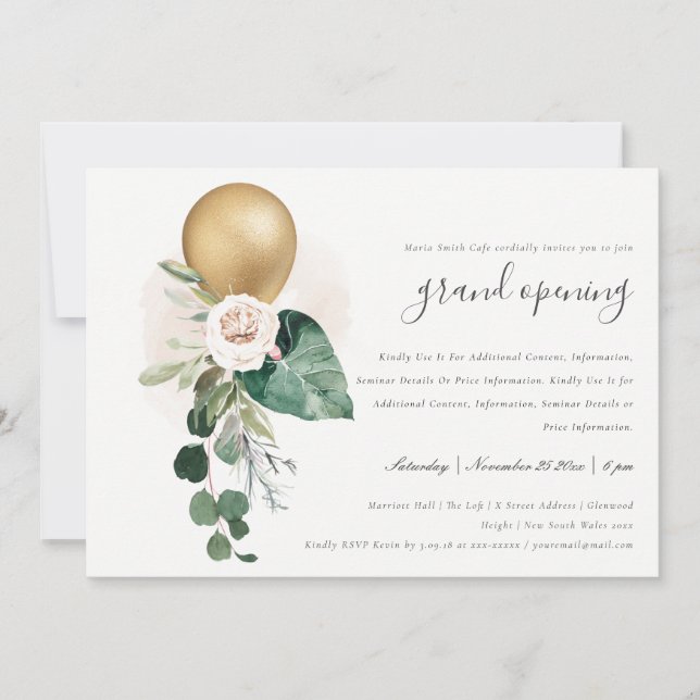 Cute Gold Foil Balloon Floral Grand Opening Invite (Front)
