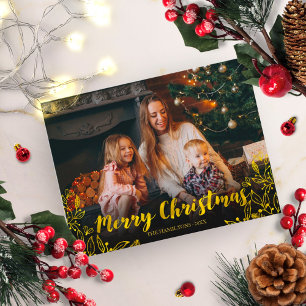 Cute Gold Foil Foliage Photo Merry Christmas Postcard