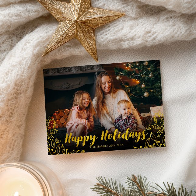 Cute Gold Foliage Happy Holidays Photo Christmas Postcard (Creator Uploaded)