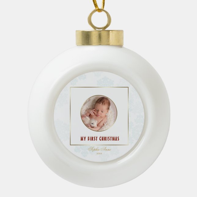 Cute Gold Frame My First Christmas Baby Photo Ceramic Ball Christmas Ornament (Front)