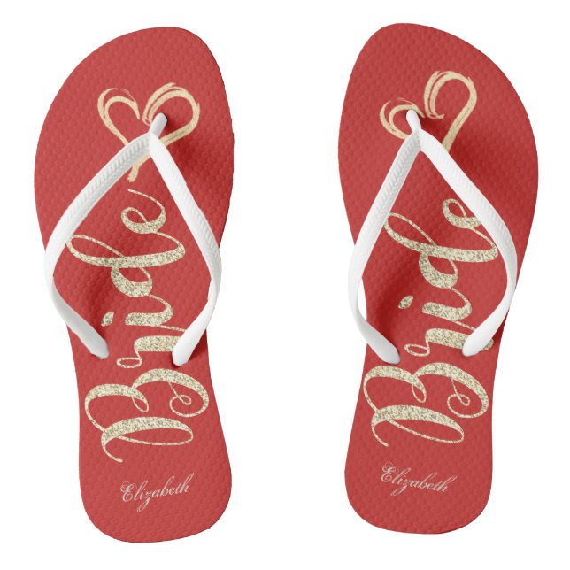 Cute Gold Glitter Bride,Heart ,Red -Personalised Jandals (Footbed)