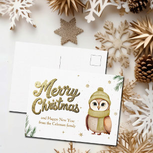 Cute Gold Glitter Merry Christmas Owl Holiday Postcard
