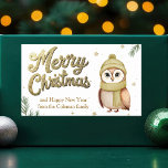 Cute Gold Glitter Merry Christmas Owl Rectangular Sticker<br><div class="desc">This adorable Merry Christmas gift sticker features a cute owl wearing a holiday scary next to faux glitter gold script and your custom message underneath. Pretty pine leaves peak out from the corners of this trendy woodland animal drawing next to whimsical snowflakes.</div>