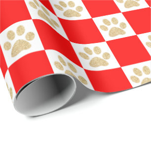 Cute Gold Glitter Paw Print Red Checkered Pattern Wrapping Paper