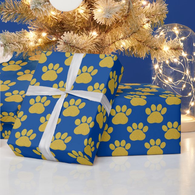 Cute Gold Glitter Paw Prints Pet Lovers Blue  Wrapping Paper (Holidays)