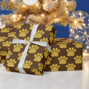 Cute Gold Glitter Paw Prints Pet Lovers Brown  Wrapping Paper