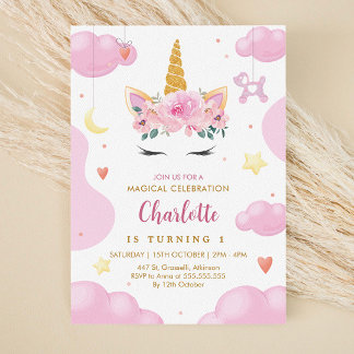 Cute Gold Glitter Pink Floral Unicorn Birthday Invitation