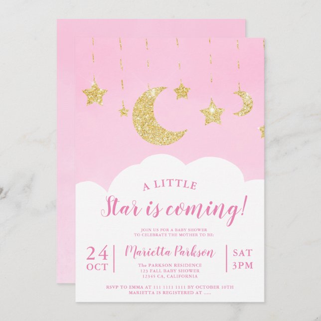 Cute gold glitter star moon cloud pink baby shower invitation (Front/Back)