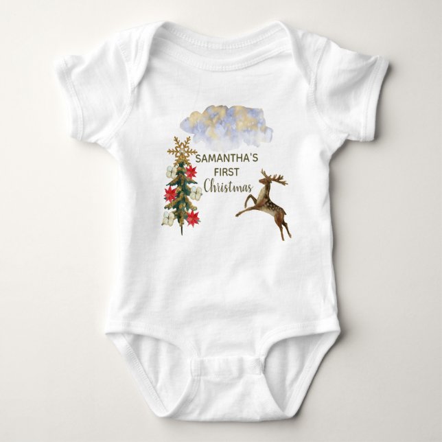 Cute Gold Glitter Trees Deer Baby First Christmas  Bodysuit (Front)