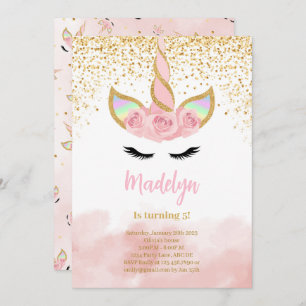 Cute Gold Glitter Unicorn Birthday Invitation