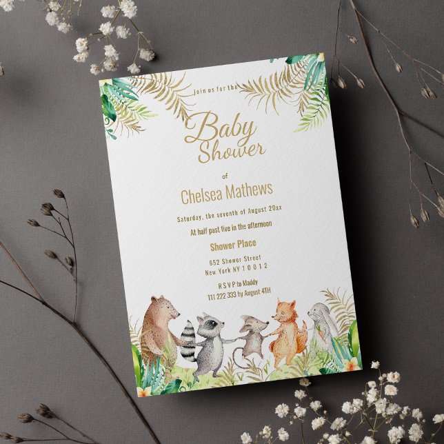 Cute Gold Green Brown Floral Animal Baby Shower In Invitation Postcard (Cute Gold Green Brown Floral Animal Baby Shower)