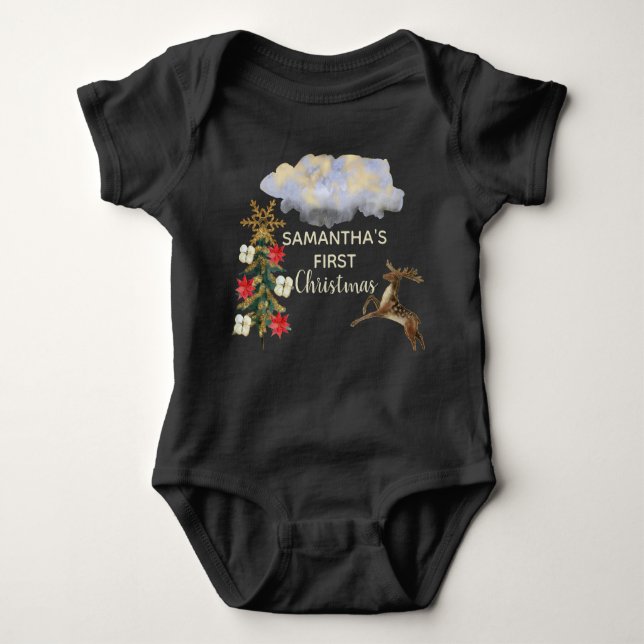 Cute Gold Green Tree Deer Cloud Baby 1 Christmas Baby Bodysuit (Front)