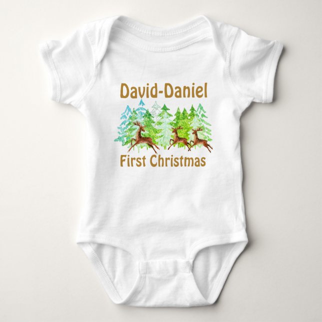 Cute Gold Green Trees Deers Baby First Christmas Bodysuit (Front)