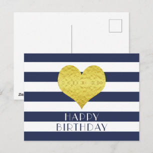 Cute Gold Heart Blue And White Happy Birthday Postcard
