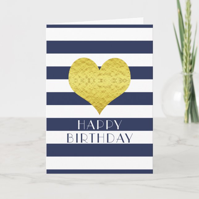 Cute Gold Heart Blue White Stripes Happy Birthday  Card (Front)