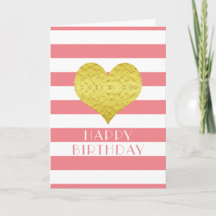 Cute Gold Heart Pink White Stripes Happy Birthday Card