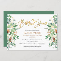Cute Gold Heart Script Eucalyptus Baby Shower