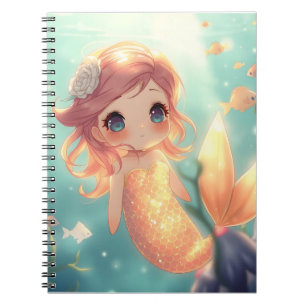 Cute gold mermaid in underwater world notebook