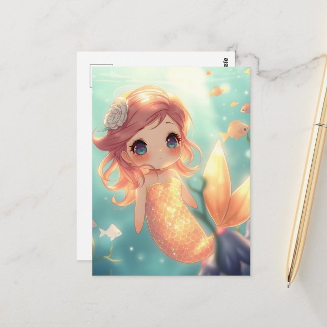 Cute gold mermaid in underwater world postcard (Front/Back In Situ)