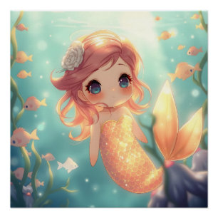 Cute gold mermaid in underwater world poster