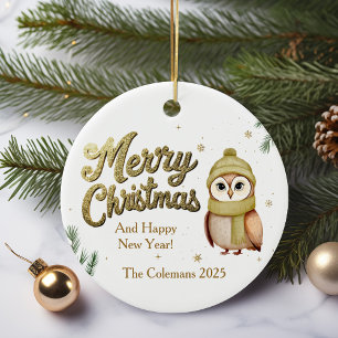 Cute Gold Merry Christmas Owl Personalised Ceramic Tree Decoration