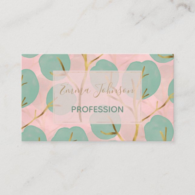 Cute Gold & Mint Tree shapes Minimal Pink Pattern Business Card (Front)