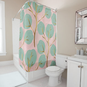 Cute Gold & Mint Tree shapes Minimal Pink Pattern  Shower Curtain