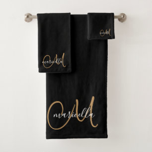 Cute Gold Monogram Script Name Black Bath Towel Set